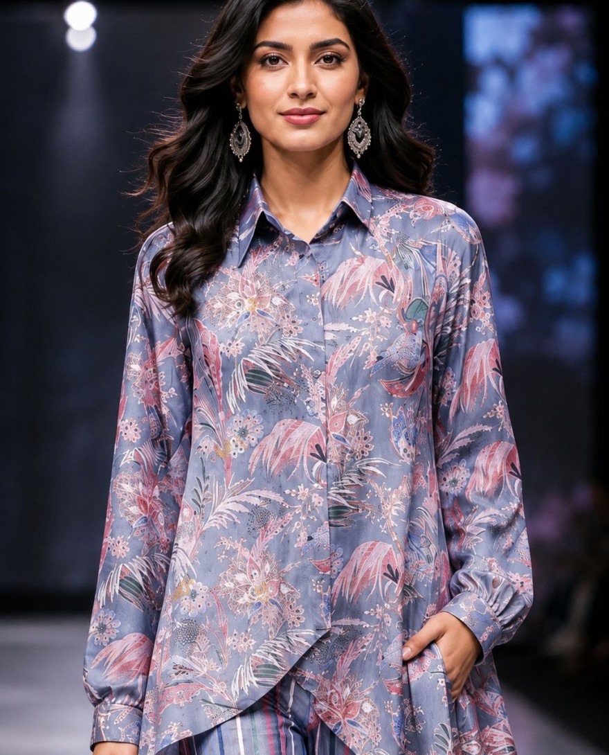 PURPLE - Multi Colour Faux Crepe Print Work Designer Kurti