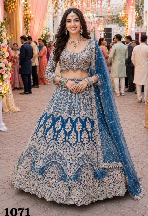Blue Net A - Line Lehenga Choli with Embroidered and Resham Work
