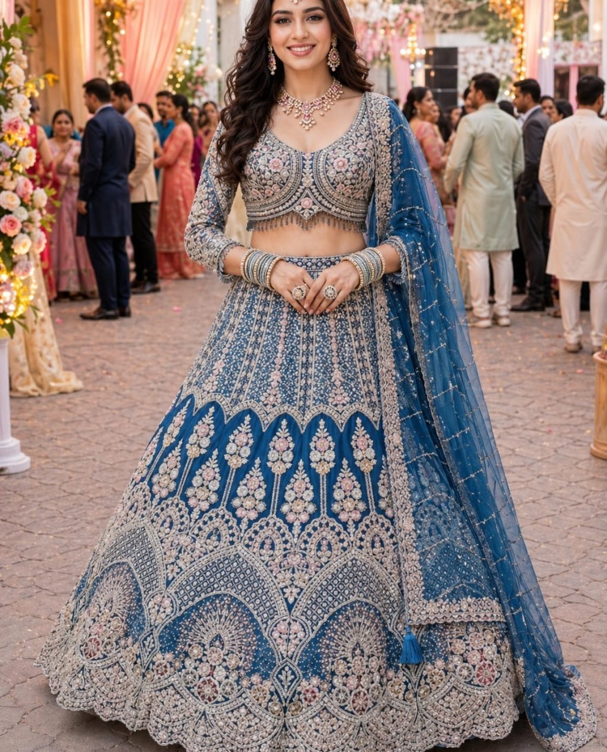 BLUE - Blue Net A - Line Lehenga Choli with Embroidered and Resham Work