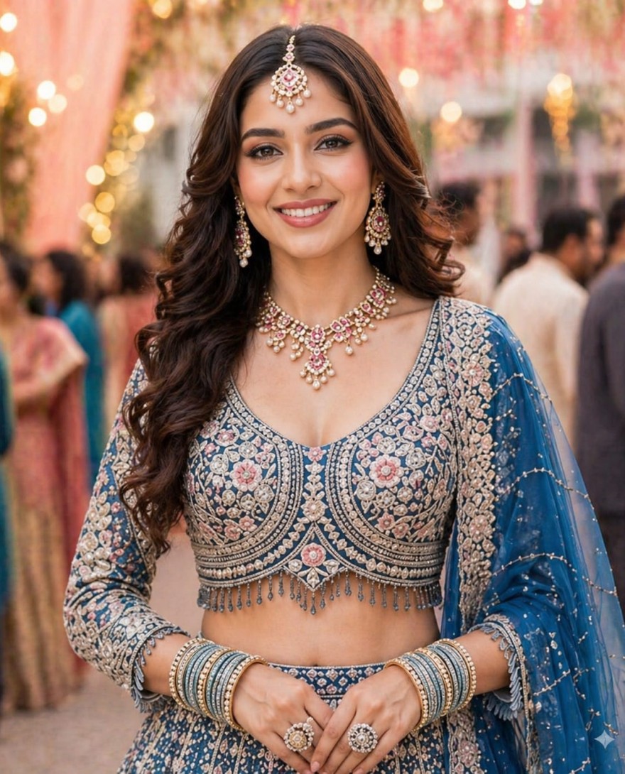 BLUE - Blue Net A - Line Lehenga Choli with Embroidered and Resham Work