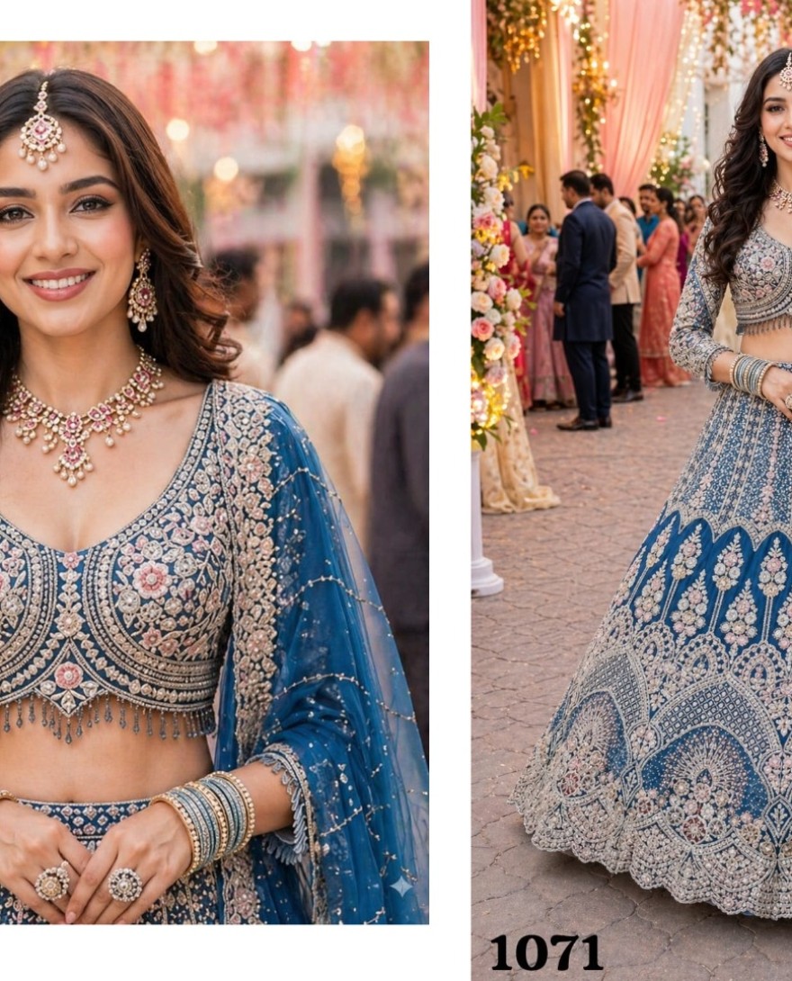 BLUE - Blue Net A - Line Lehenga Choli with Embroidered and Resham Work