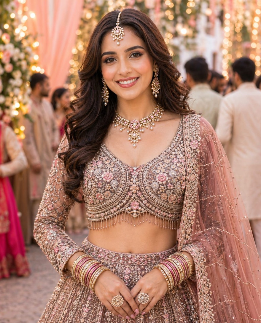 BROWN - Brown Armani A - Line Lehenga Choli with Embroidered and Resham Work