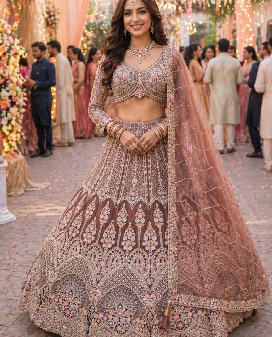 BROWN - Brown Armani A - Line Lehenga Choli with Embroidered and Resham Work