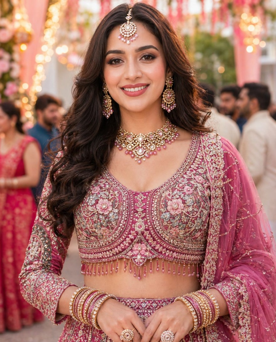 PINK - Pink Net A - Line Lehenga Choli with Embroidered and Resham Work for Bridal