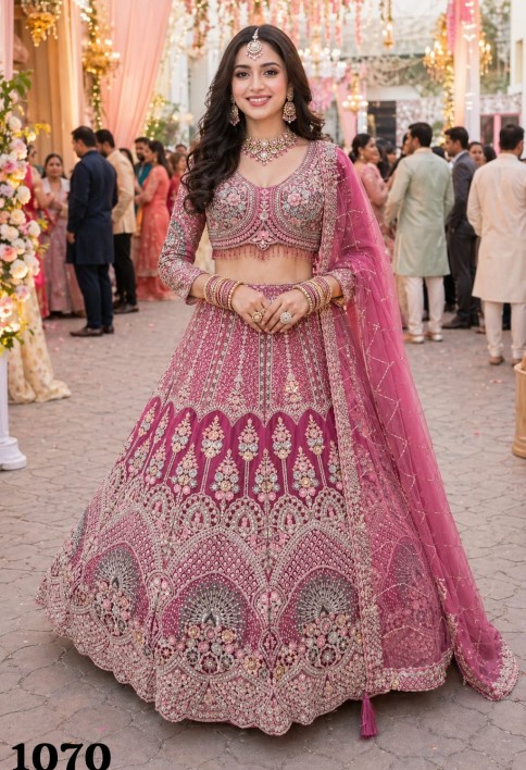 Pink Net A - Line Lehenga Choli with Embroidered and Resham Work for Bridal