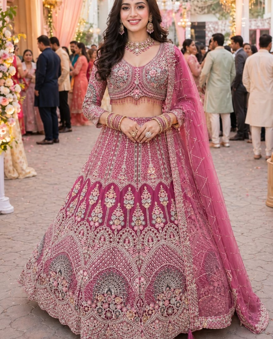 PINK - Pink Net A - Line Lehenga Choli with Embroidered and Resham Work for Bridal