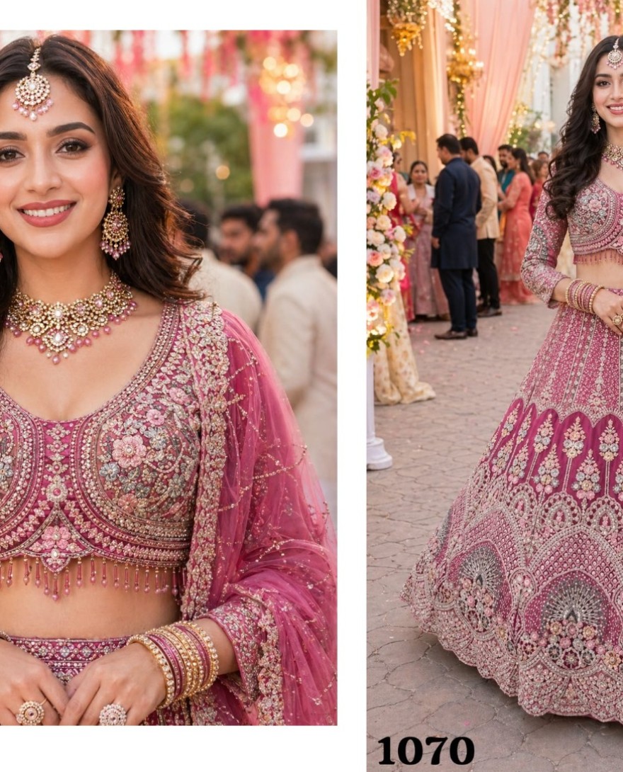 PINK - Pink Net A - Line Lehenga Choli with Embroidered and Resham Work for Bridal