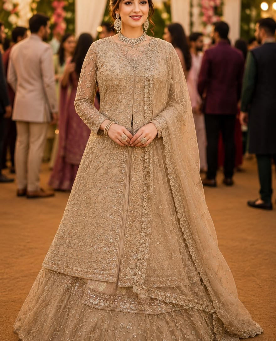 BEIGE - Celestial Beige Tissue Lehenga Choli