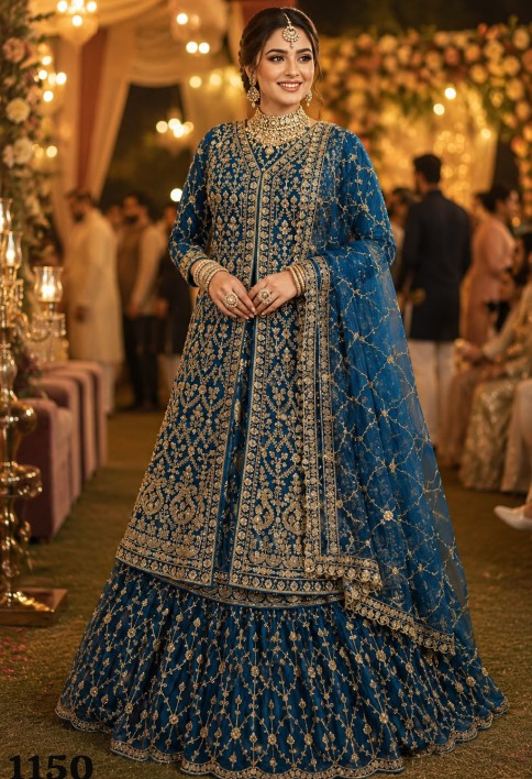 Teal Tissue Lehenga Choli with Beads, Embroidered and Sequins Work for Ceremonial