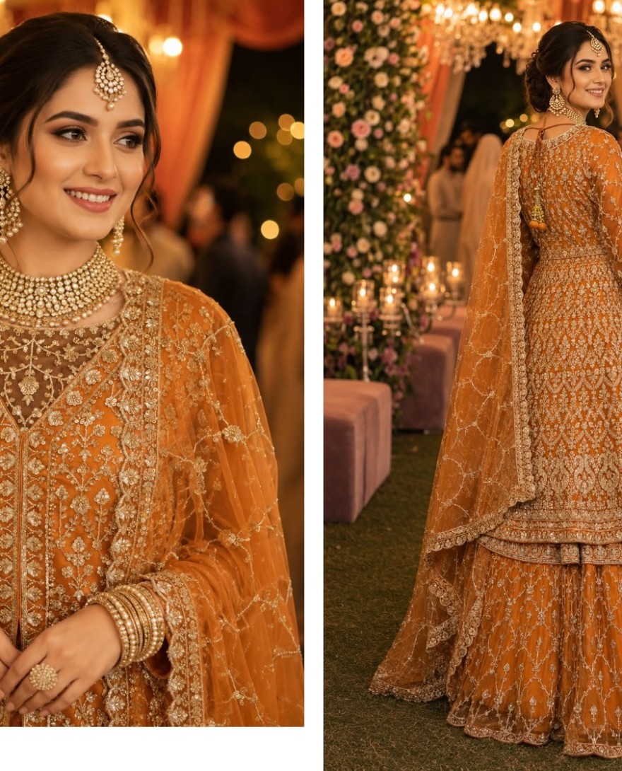 ORANGE - Orange Tissue Beads, Embroidered and Sequins Work Readymade Lehenga Choli