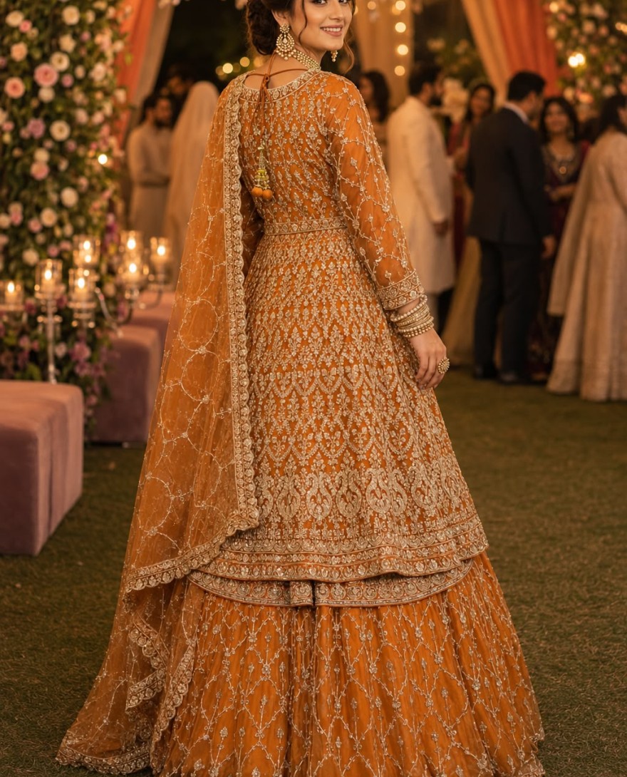 ORANGE - Orange Tissue Beads, Embroidered and Sequins Work Readymade Lehenga Choli