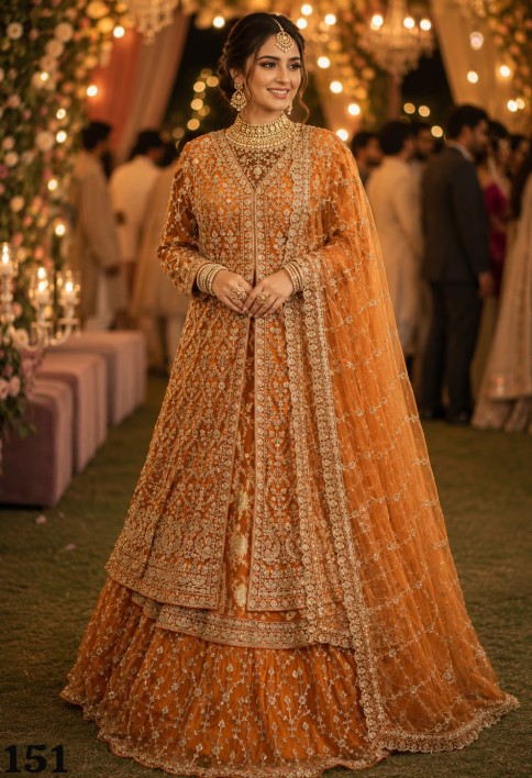Orange Tissue Beads, Embroidered and Sequins Work Readymade Lehenga Choli