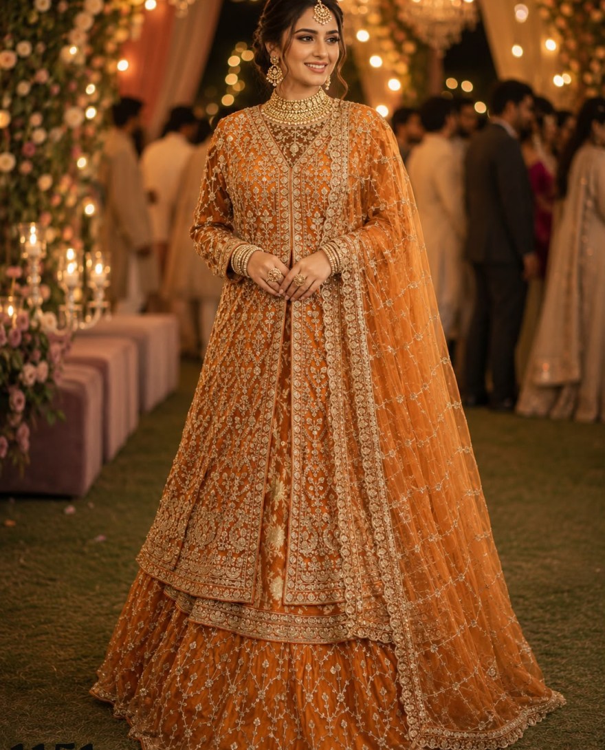 ORANGE - Orange Tissue Beads, Embroidered and Sequins Work Readymade Lehenga Choli