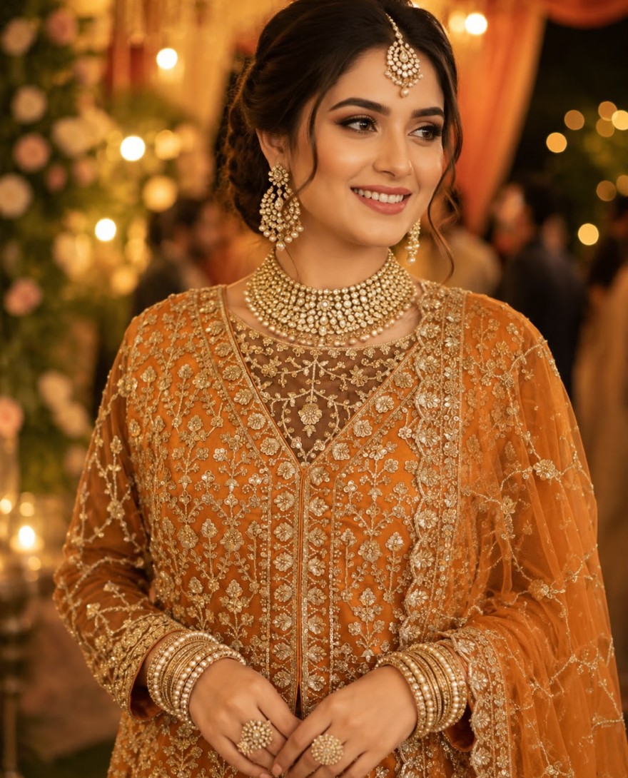 ORANGE - Orange Tissue Beads, Embroidered and Sequins Work Readymade Lehenga Choli