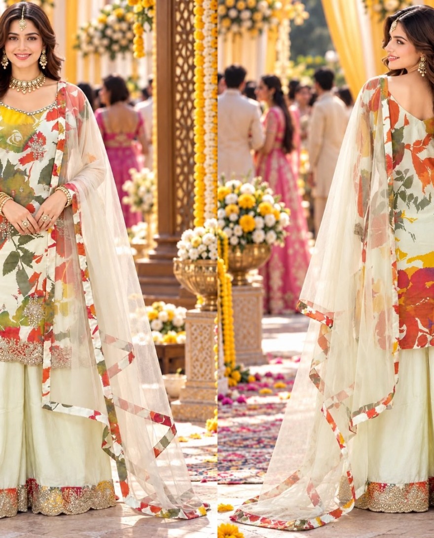 WHITE - Embroidered Chinon Readymade Salwar Kameez in Multi Colour