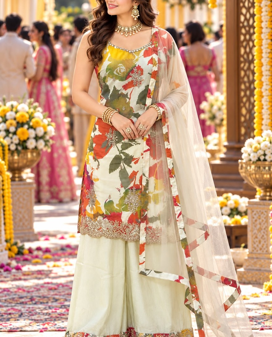 WHITE - Embroidered Chinon Readymade Salwar Kameez in Multi Colour