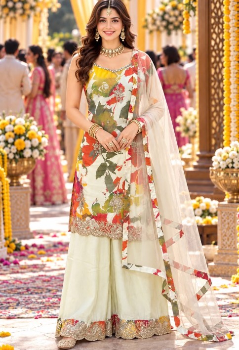 Embroidered Chinon Readymade Salwar Kameez in Multi Colour