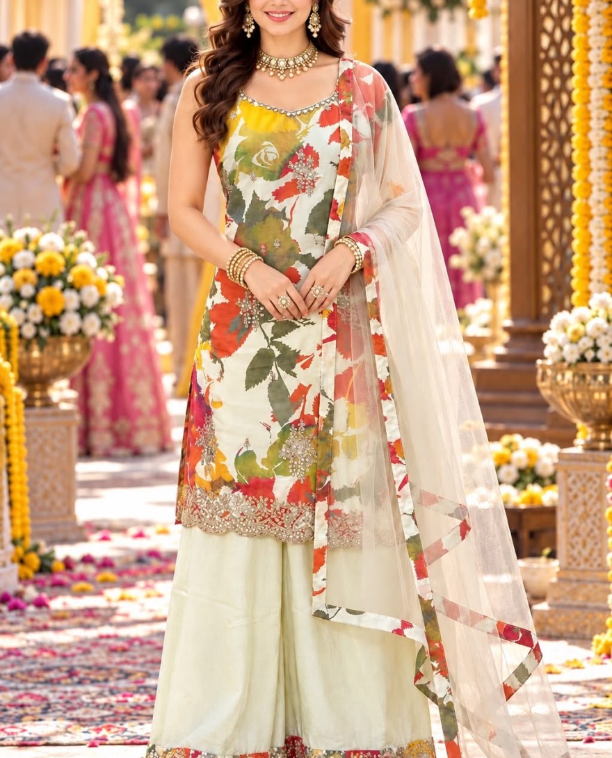 WHITE - Embroidered Chinon Readymade Salwar Kameez in Multi Colour