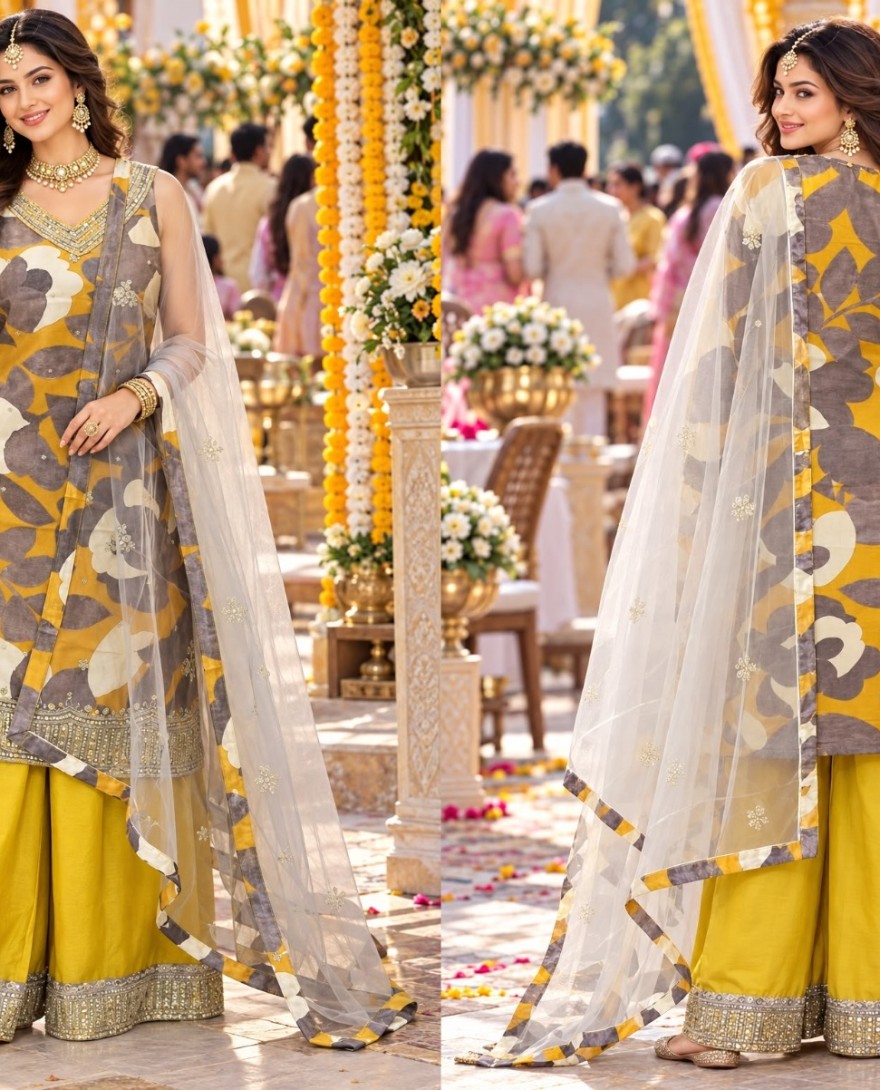 YELLOW - Palazzo Salwar Kameez Printed Chinon in Multi Colour