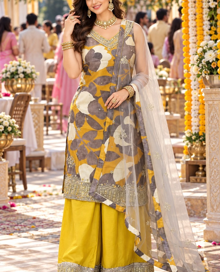 YELLOW - Palazzo Salwar Kameez Printed Chinon in Multi Colour