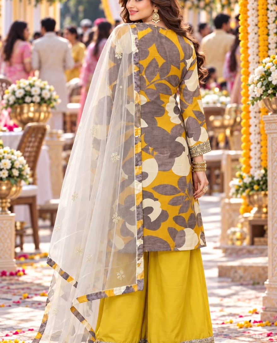 YELLOW - Palazzo Salwar Kameez Printed Chinon in Multi Colour