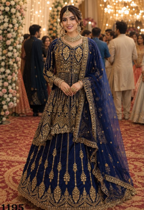 Blue Net Readymade Lehenga Choli with Embroidered, Sequins and Stone Work for Engagement
