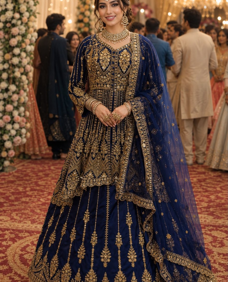 BLUE - Blue Net Readymade Lehenga Choli with Embroidered, Sequins and Stone Work for Engagement