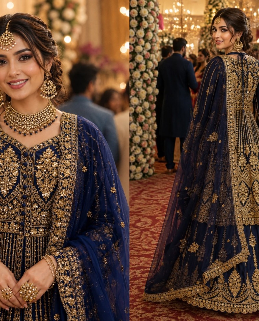 BLUE - Blue Net Readymade Lehenga Choli with Embroidered, Sequins and Stone Work for Engagement