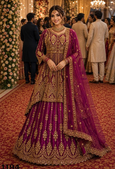 Magenta Net Embroidered, Sequins and Stone Work Lehenga Choli for Engagement