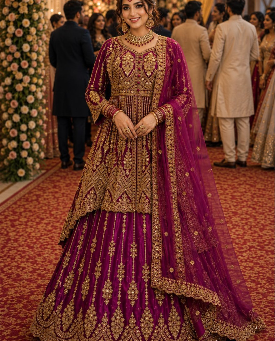 PINK - Magenta Net Embroidered, Sequins and Stone Work Lehenga Choli for Engagement