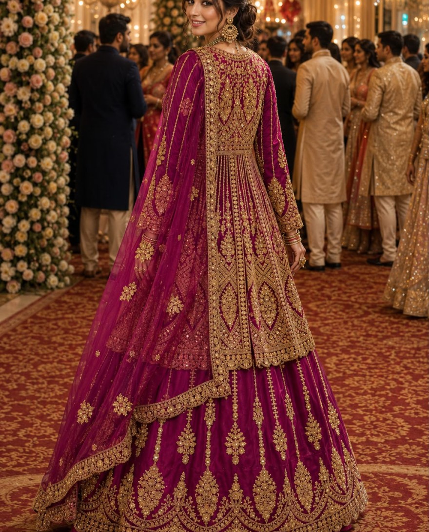 PINK - Magenta Net Embroidered, Sequins and Stone Work Lehenga Choli for Engagement