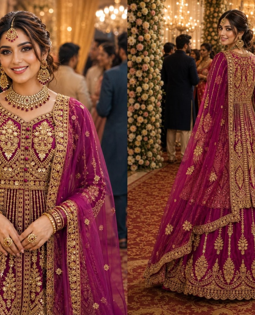 PINK - Magenta Net Embroidered, Sequins and Stone Work Lehenga Choli for Engagement