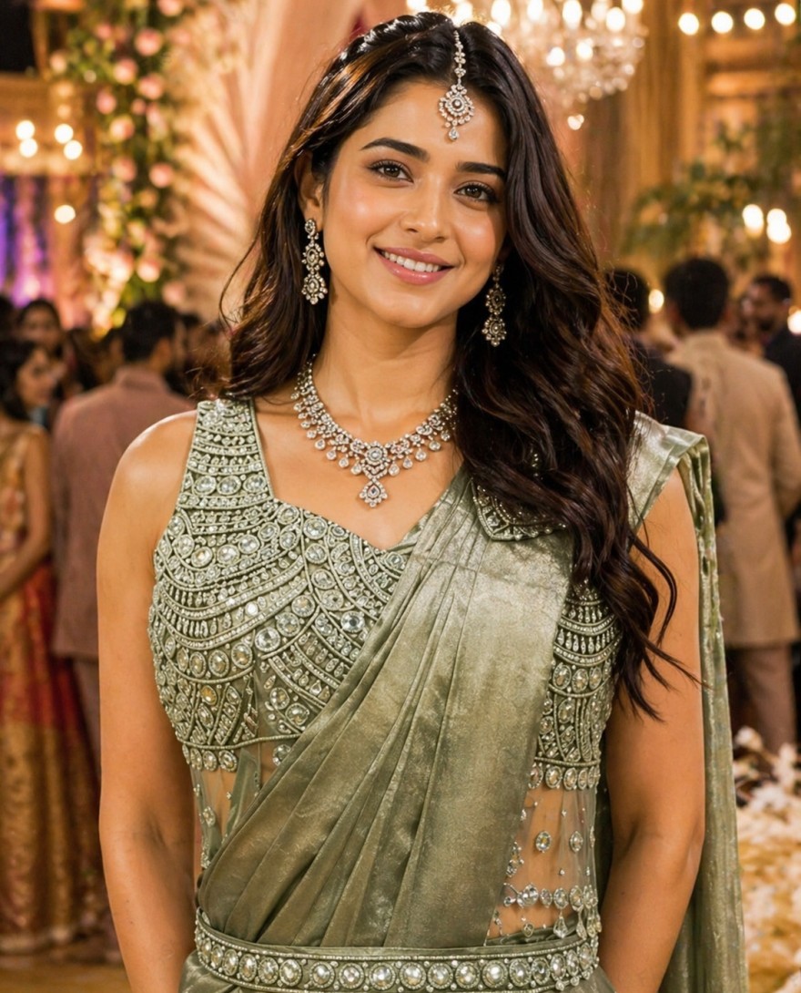 GREEN - olive green designer satin saree with embroidered blouse