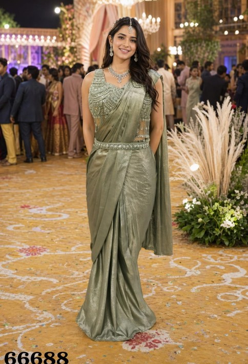 olive green designer satin saree with embroidered blouse