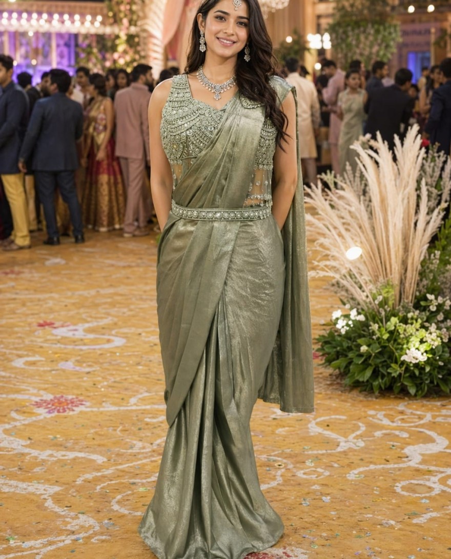 GREEN - olive green designer satin saree with embroidered blouse