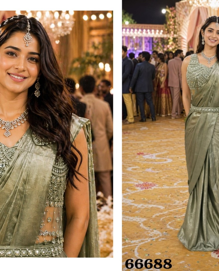 GREEN - olive green designer satin saree with embroidered blouse
