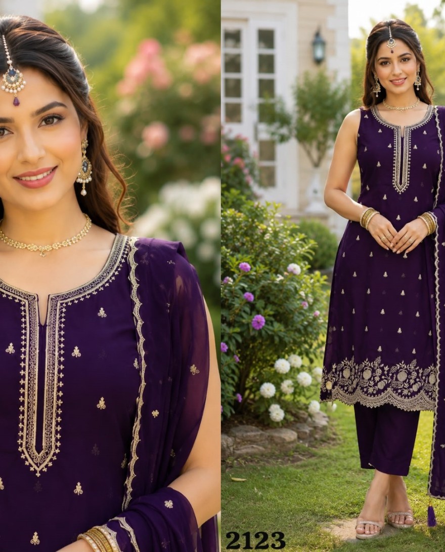 PURPLE - Superlative Purple Georgette Salwar Suit with Embroidered and Sequins Work