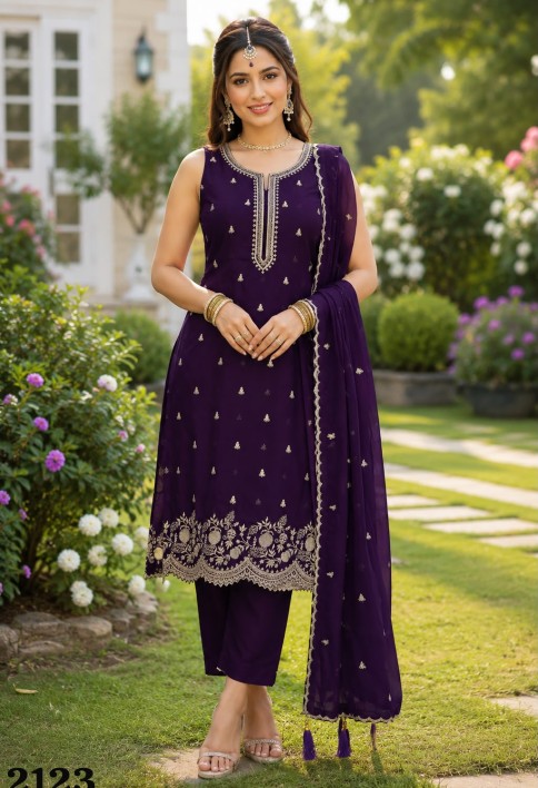 Superlative Purple Georgette Salwar Suit with Embroidered and Sequins Work