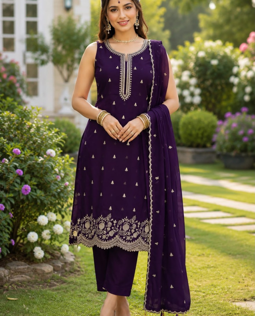 PURPLE - Superlative Purple Georgette Salwar Suit with Embroidered and Sequins Work