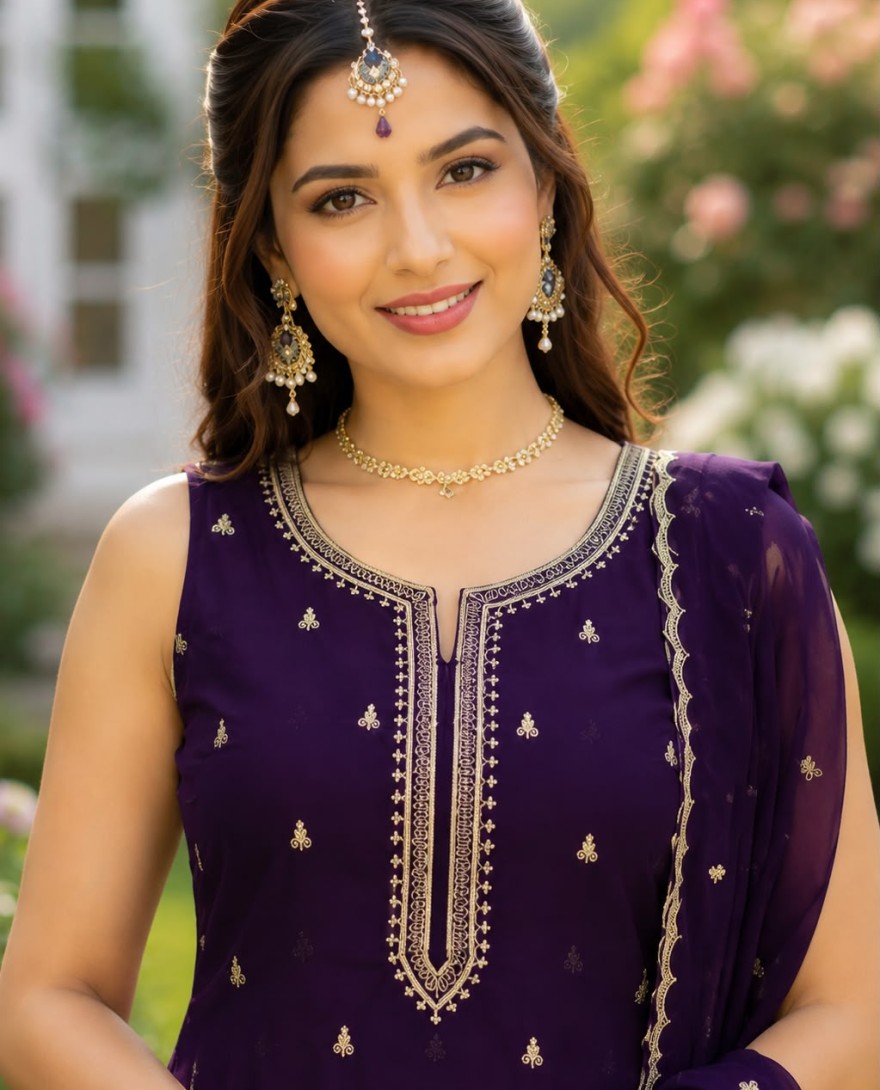 PURPLE - Superlative Purple Georgette Salwar Suit with Embroidered and Sequins Work