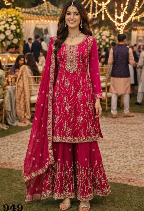 Luxury Rani Pink Fendy Silk Embroidered Pakistani Palazzo Suit Set with Dupatta