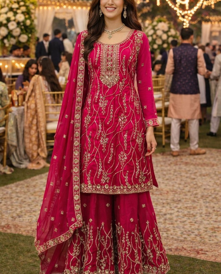 PINK - Luxury Rani Pink Fendy Silk Embroidered Pakistani Palazzo Suit Set with Dupatta