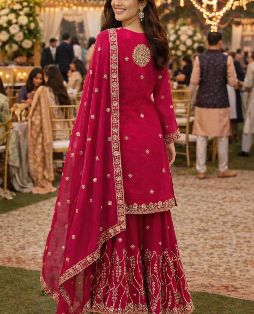 PINK - Luxury Rani Pink Fendy Silk Embroidered Pakistani Palazzo Suit Set with Dupatta