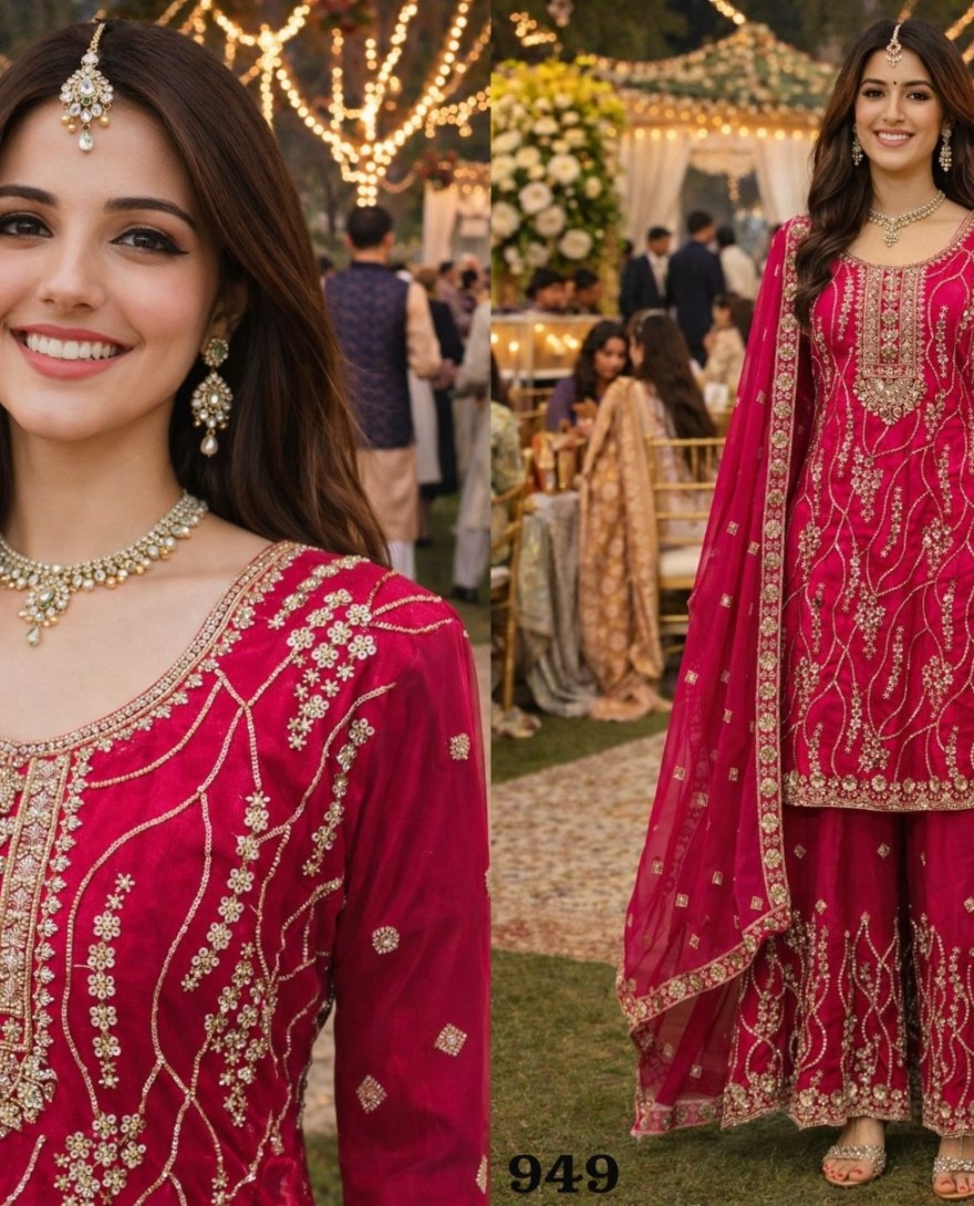 PINK - Luxury Rani Pink Fendy Silk Embroidered Pakistani Palazzo Suit Set with Dupatta