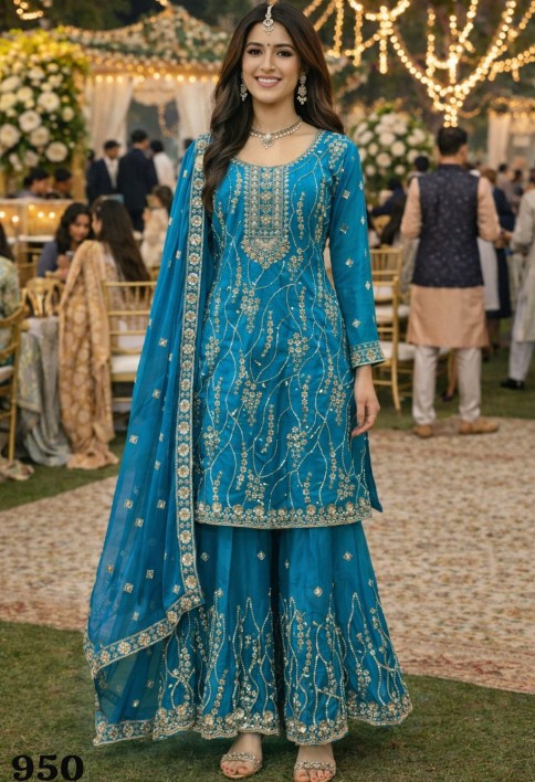 Beautiful Teal Blue Fendy Silk Embroidered Pakistani Palazzo Suit Set Dupatta