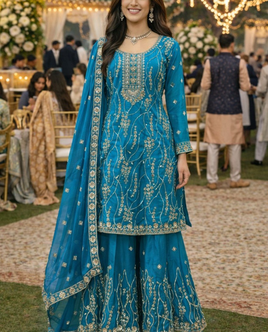 BLUE - Beautiful Teal Blue Fendy Silk Embroidered Pakistani Palazzo Suit Set Dupatta