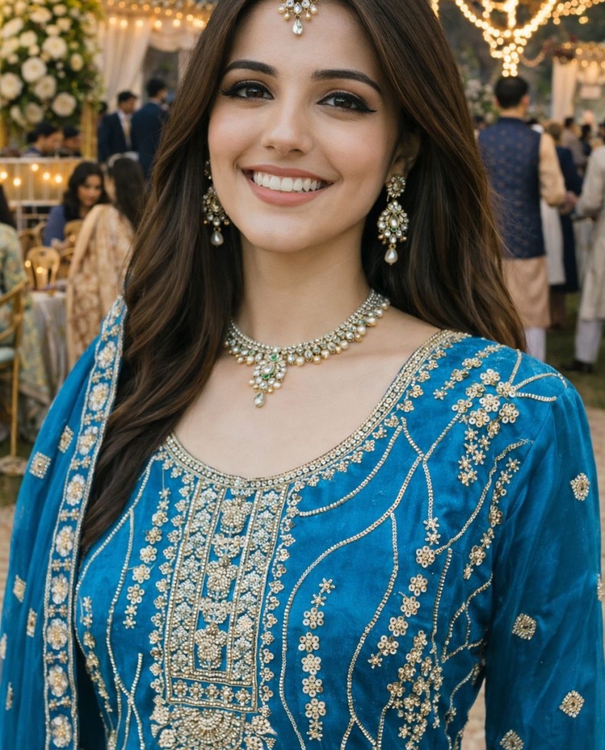 BLUE - Beautiful Teal Blue Fendy Silk Embroidered Pakistani Palazzo Suit Set Dupatta