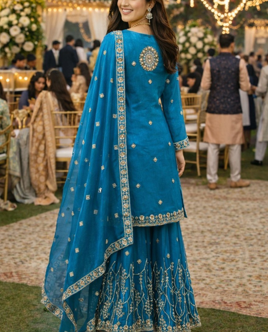 BLUE - Beautiful Teal Blue Fendy Silk Embroidered Pakistani Palazzo Suit Set Dupatta
