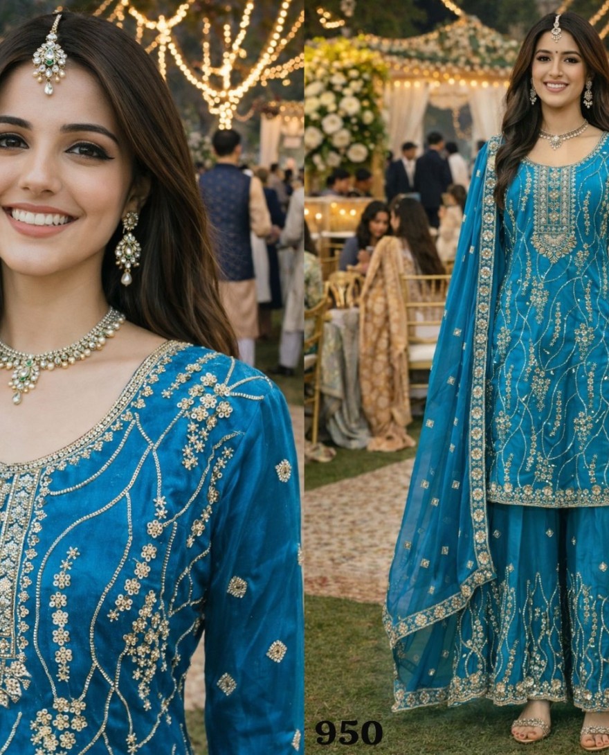 BLUE - Beautiful Teal Blue Fendy Silk Embroidered Pakistani Palazzo Suit Set Dupatta