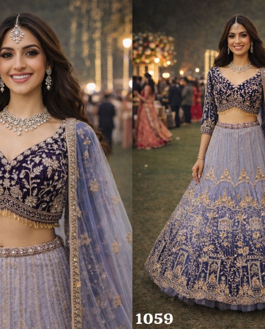 BLUE - Lavender Net Lehenga Choli with Embroidered, Sequins and Zari Work